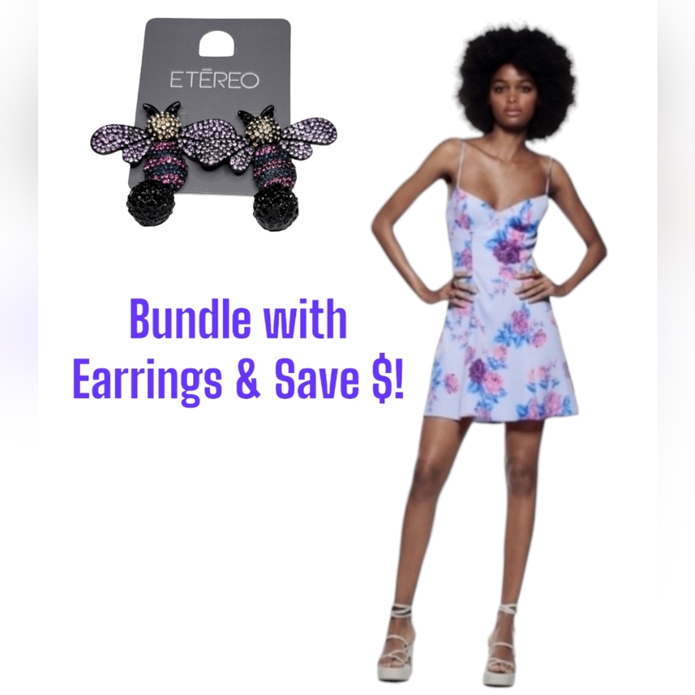 Zara Fashion Blogger Fave Coquette Blue Corset Skater Dress Pink Roses sz small